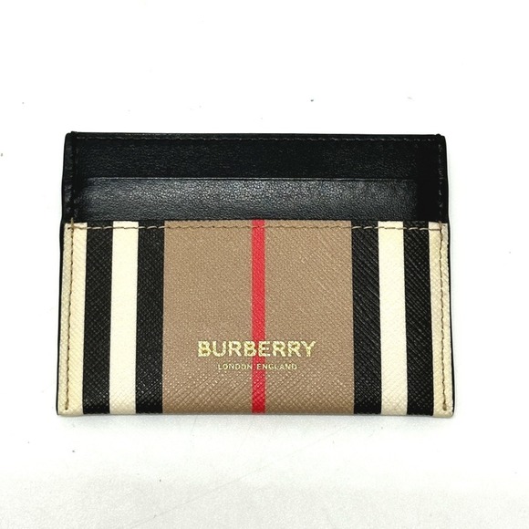 BURBERRY Check Logo Business Card Case, Pass Leather, Women's, Beige - Picture 1 of 12